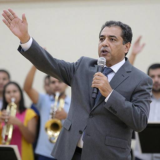 Middle-aged Man Speaking with Microphone at Indoor Event