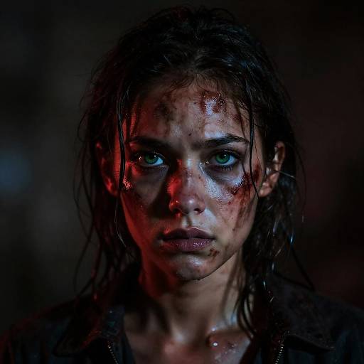 Intense Portrait of Bloodied Woman with Green Eyes