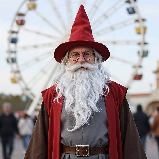 Photograph of an elderly man dressed as a wizard with a red hat, white beard, round glasses, and red robe, standing in front of a