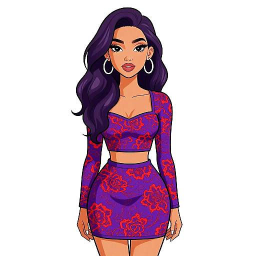 Stylish Woman in Red Lace Print Two-Piece Outfit