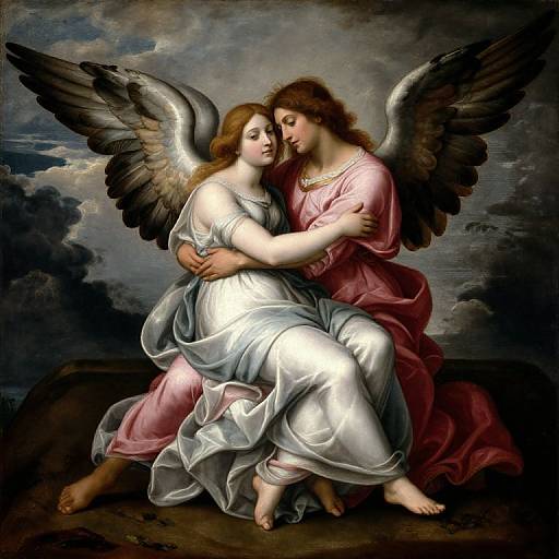 Baroque-style painting of two angels with large black wings; one in a white dress, the other in pink, embracing tenderly against a dark,