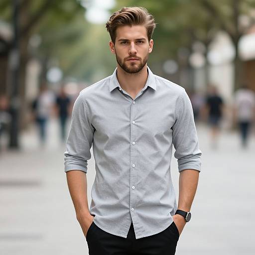 Photograph of a handsome, bearded man with short brown hair, wearing a light blue button-up shirt and black pants, standing on a blurred city