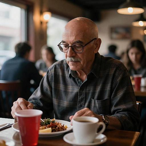 Mustached Man in Plaid at Diner