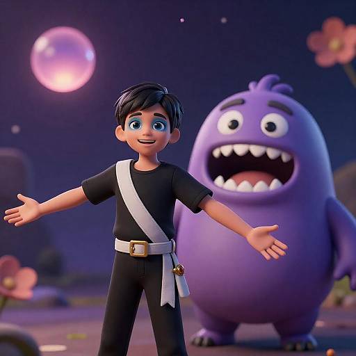 CGI Smiling Boy with Purple Monster
