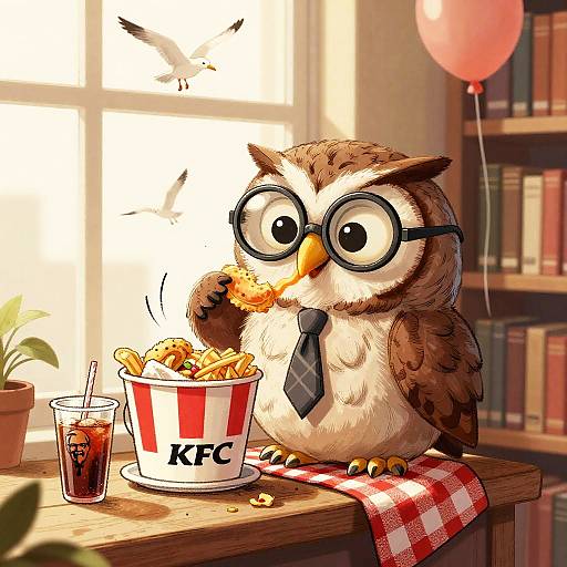 Whimsical Owl Dining in Vintage Library