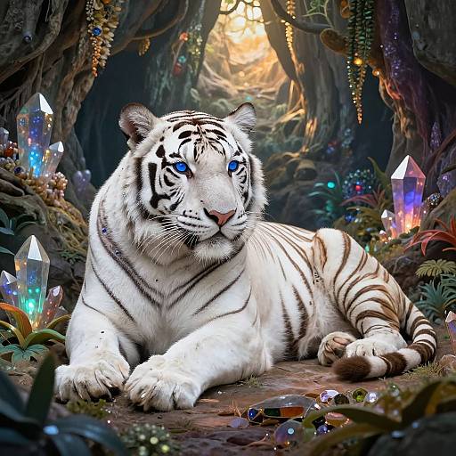 Digital artwork of a majestic white tiger with blue eyes, lounging in a mystical forest of glowing crystals and lush foliage.