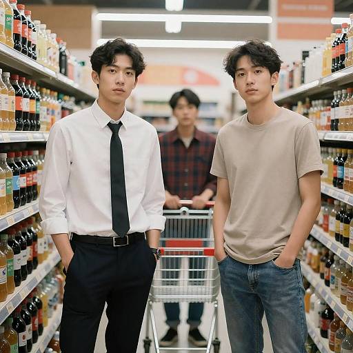 Three Men in Grocery Aisle Scene