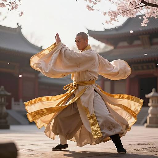 Photograph of a bald martial artist in flowing white and gold robe performing a stance in a cherry blossom-laden Japanese courtyard.