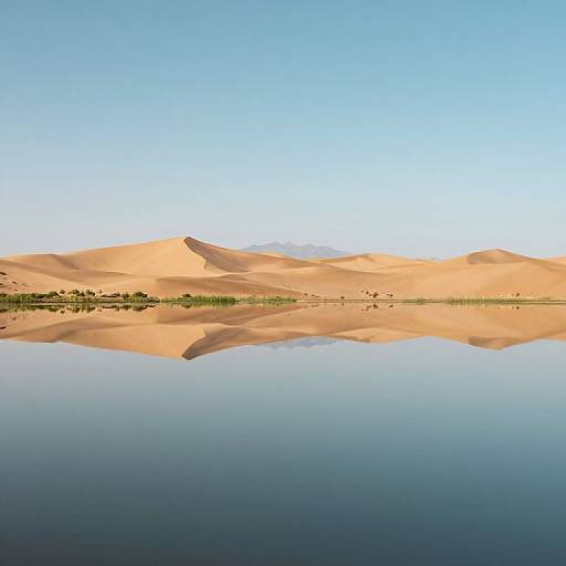 Photograph of a serene desert landscape with golden sand dunes reflected perfectly in a calm, blue water mirror under a clear sky.