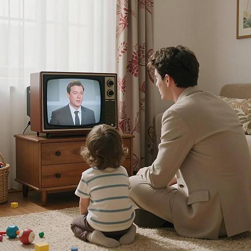 Man and Child Watching Vintage TV in Living Room