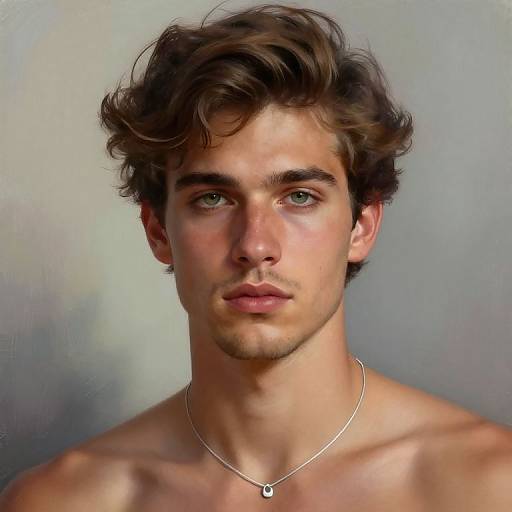 Photorealistic digital portrait of a young, shirtless man with wavy brown hair, green eyes, fair skin, and a silver necklace against a