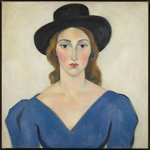 Expressionist portrait of a fair-skinned woman with red lips, brown hair, wearing a black hat and blue V-neck dress, against a white background