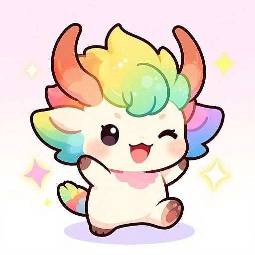 Cute digital drawing of a chibi-style, multicolored horned creature with rainbow mane and tail, winking and smiling, against a sparkling