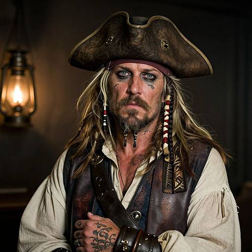Photograph of a rugged, blue-eyed pirate with long blonde hair, black tricorn hat, black vest, white shirt, and facial tattoos, illuminated