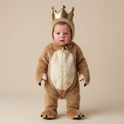 Photograph of a baby in a brown and cream fur onesie with a gold crown, standing against a plain beige background.