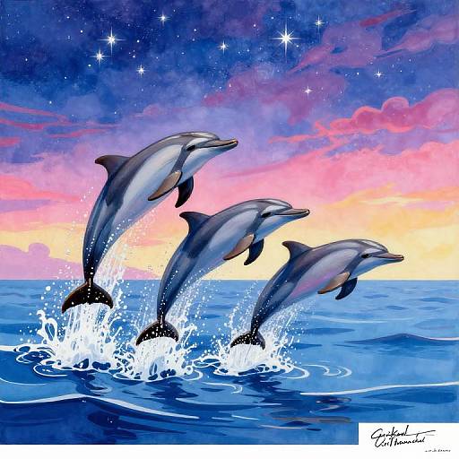 Digital illustration of three dolphins leaping out of colorful, splashing ocean water at sunset, with a starry, pink and purple sky. Artist signature