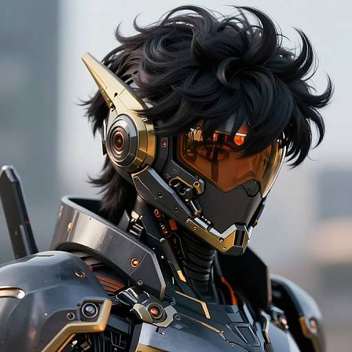 Photorealistic digital artwork of a cyberpunk character with black, messy hair, wearing a gold and black futuristic helmet with orange visor. Background is