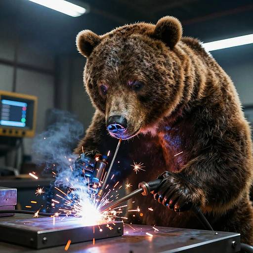 Photograph of a large brown bear with dense fur, welding sparks flying, using a welding torch in a dimly lit workshop.