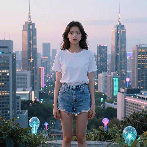Photograph of an Asian woman with long black hair, wearing a white t-shirt and frayed denim shorts, standing on a rooftop overlooking a glowing,