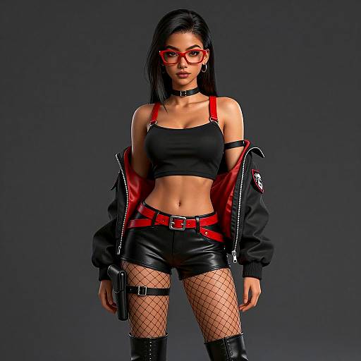 Confident Woman in Black and Red Leather Outfit