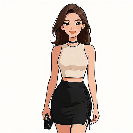 Chic Woman in Beige Crop Top and Black Mini Skirt