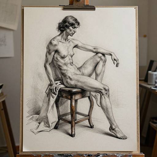 Black-and-white pencil drawing of a nude woman with wavy hair, sitting on a wooden stool, one leg raised, background blurred studio setting.
