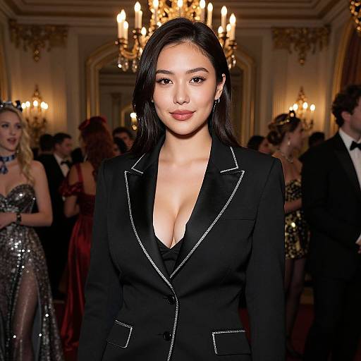 Photograph of an Asian woman with long black hair, wearing a black blazer with white trim, deep V-neck, standing in an elegant, dim