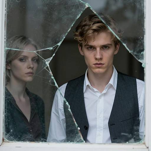 Intense Portrait Through a Broken Window