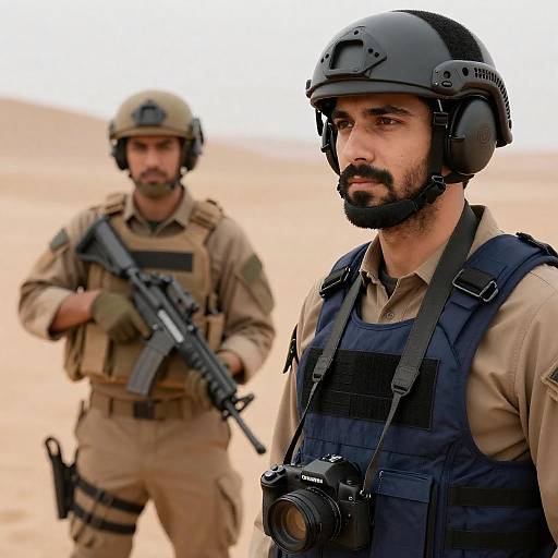 Intense Soldiers in Desert Landscape