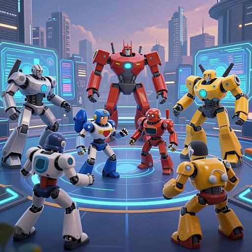CGI image of six colorful, robotic Transformers in a futuristic city, standing in a glowing blue circle with neon cityscape background.