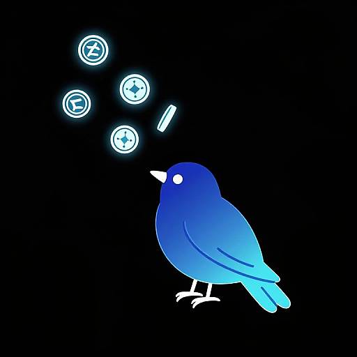 Digital drawing of a blue bird with glowing white icons floating above its head against a black background. Simple, minimalist style.