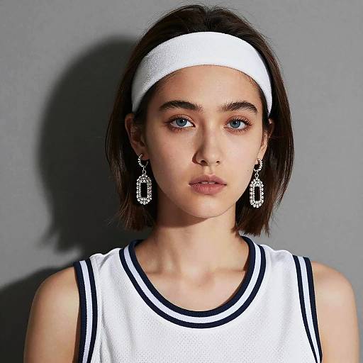 Photograph of a young woman with short brown hair, blue eyes, wearing a white headband, white tank top with black trim, and dangling silver