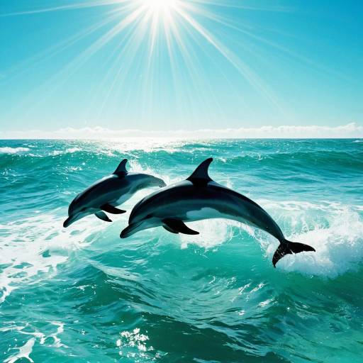 Vibrant Dolphins Leaping Under Sunlit Waves