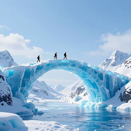 Photograph of three silhouetted figures walking across a glowing blue ice arch bridge in a snowy, mountainous Arctic landscape.