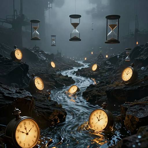 Photograph: Dark, industrial landscape with a winding river of water, illuminated by glowing clocks and lanterns, under a cloudy, blue sky.