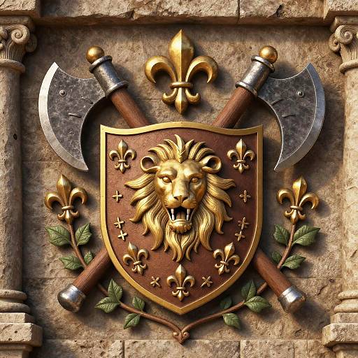 Medieval-style shield with golden lion head, crossed axes, fleur-de-lis, and leaves, mounted on stone wall. Detailed, metallic textures