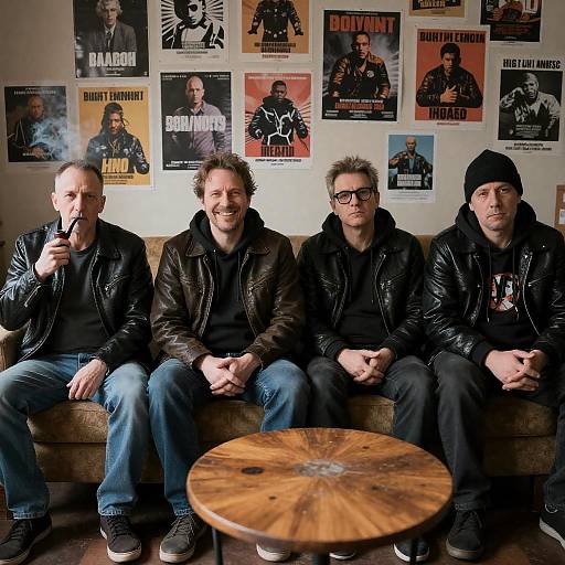 Four Men Sitting on Couch in Leather Jackets