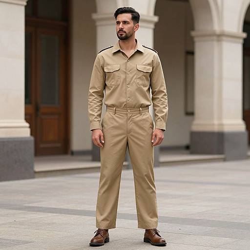 Photograph of a serious-looking, bearded man in tan military-style uniform with black buttons, standing in a colonial-style building courtyard.