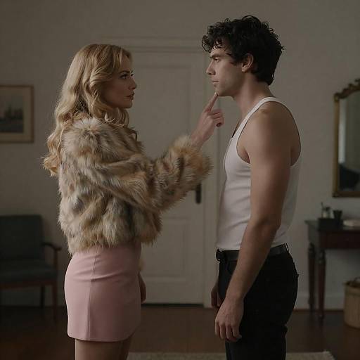 Woman Touching Man's Chin in Dimly Lit Room