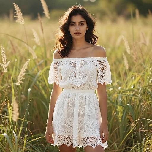 Photograph of a young woman with wavy dark hair, wearing an off-shoulder white lace dress, standing in a sunlit grassy field