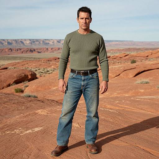 Photograph of a muscular, short-haired man in a green sweater and blue jeans, standing confidently on a rocky desert landscape.