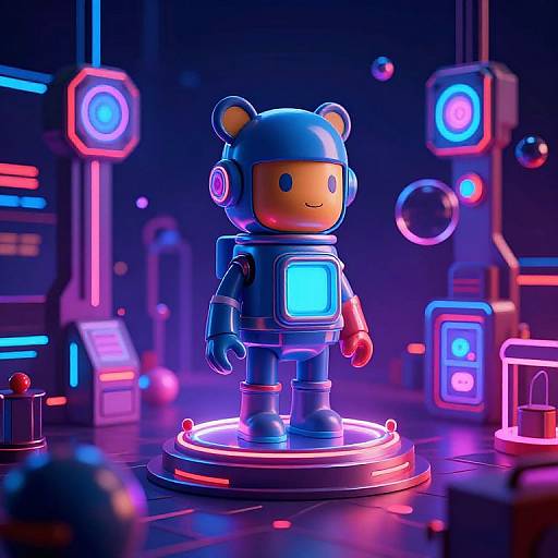 Neon-lit digital artwork of a blue bear astronaut with a glowing square chest plate, standing on a circular platform in a futuristic, colorful sci-fi
