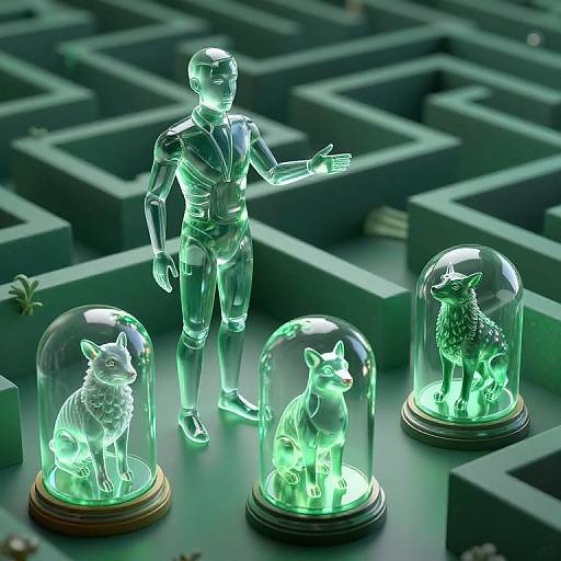 Transparent human figure with glowing green hand points at three illuminated, glass-domed animal models (cat, fox, sheep) on maze-like gray platform.
