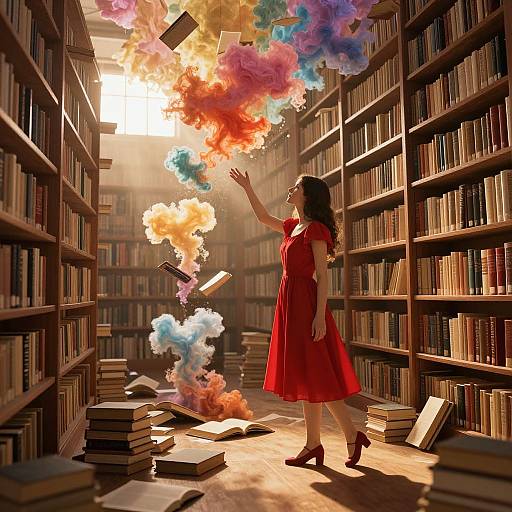 Photograph-style digital artwork of a woman in a red dress, surrounded by floating books and colorful smoke, in a sunlit library aisle.