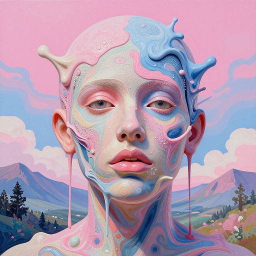Digital artwork of a surreal, bald woman with melting, pink and blue wax-like features, dripping, set against a vibrant mountain landscape.