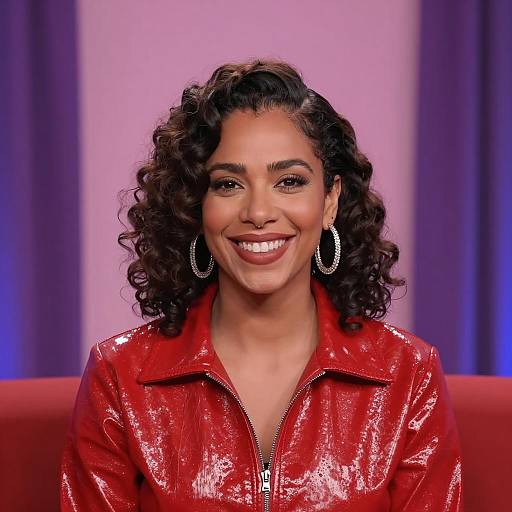 Smiling Woman in Shiny Red Jacket