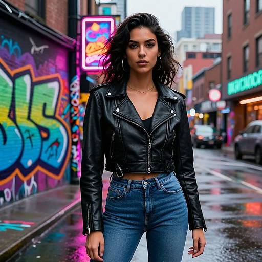 Photograph of a confident young woman with dark wavy hair, wearing a black leather jacket and blue jeans, standing in a rainy urban street with colorful