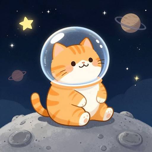 Cute digital drawing of an orange tabby cat with a clear space helmet, sitting on a moon, surrounded by stars and planets.