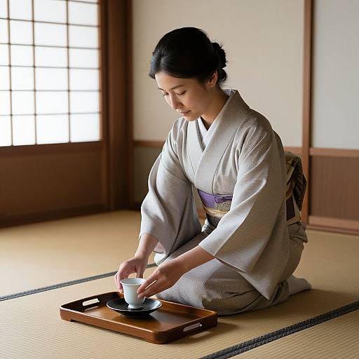 Japanese woman in traditional white kimono, kneeling on tatami mat, pouring tea from a white cup on a wooden tray. Shoji screen in background