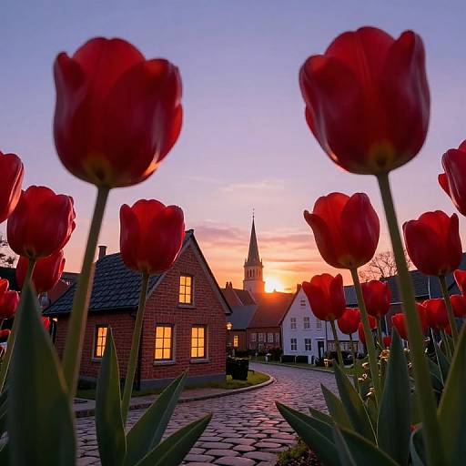 Photograph of a sunset village scene, with vivid red tulips in the foreground, brick houses, and a church steeple in the background.